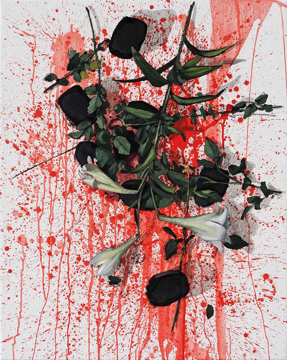 painting of coal blood and flowers by Michel Schneider